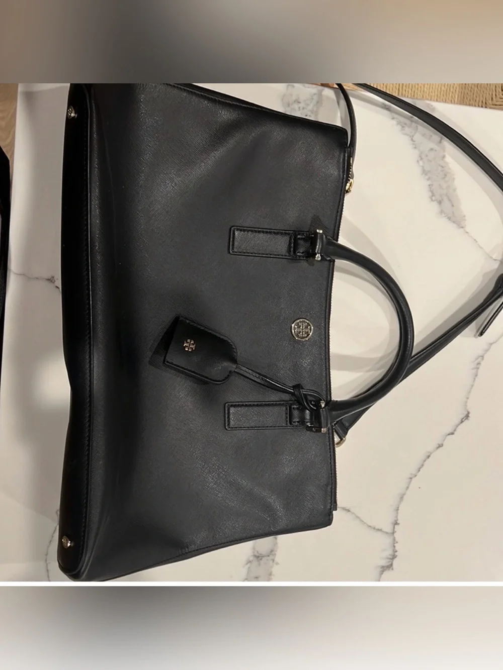 Tory Burch Black Leather Top-Zip Satchel with Gold Hardware